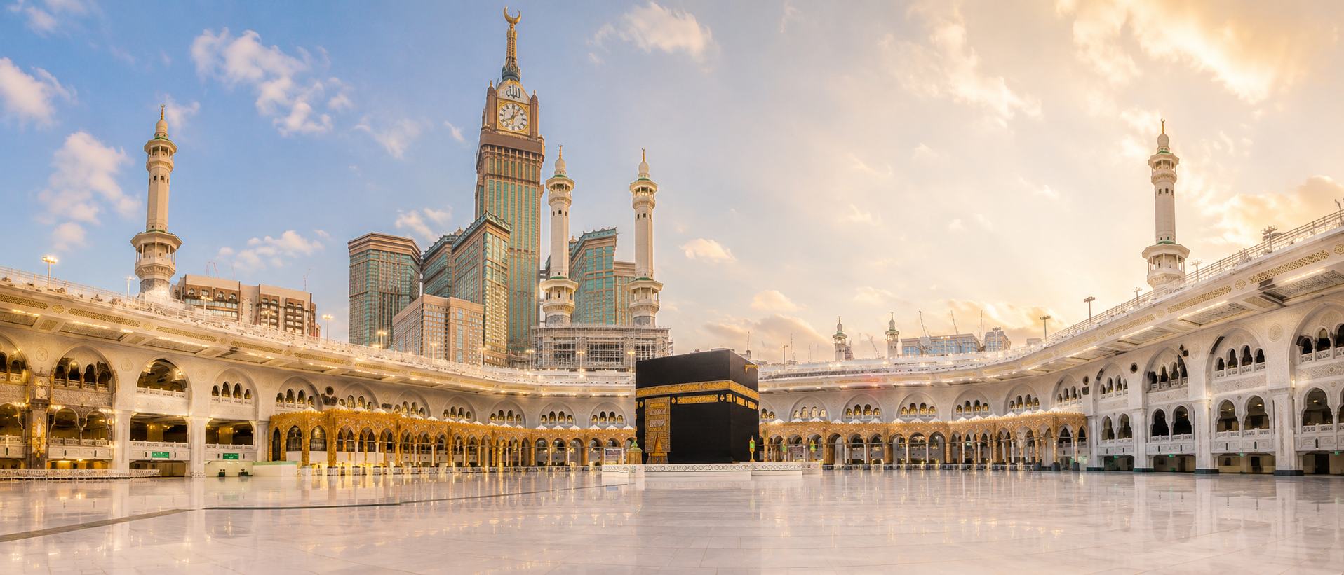 Masjid al-Haram courtyard with the Kaaba and Abraj Al Bait towers, Makkah